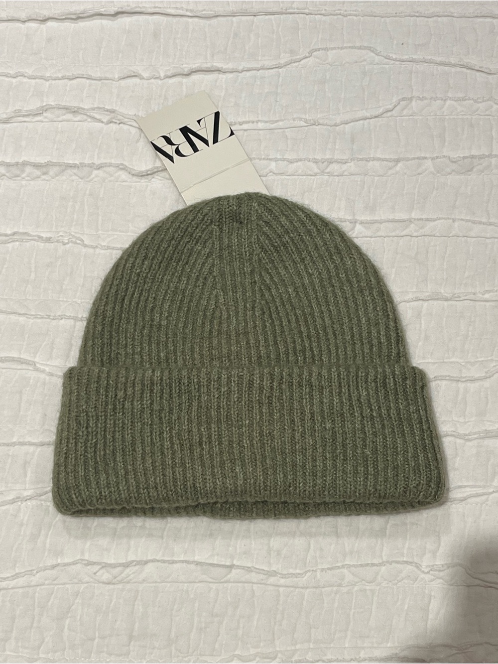 NWT Zara Olive Green Ribbed Folded Cuff Beanie